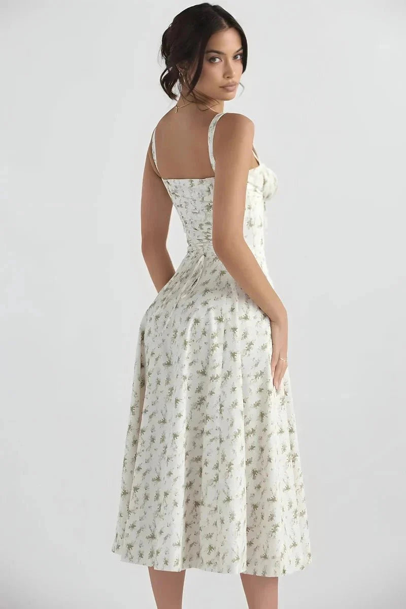 Damen-Midikleid mit Blumenmuster, Korsettoberteil, Seitenschlitz und ausgestelltem Rock