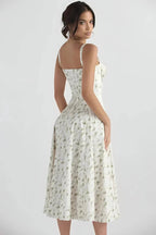 Damen-Midikleid mit Blumenmuster, Korsettoberteil, Seitenschlitz und ausgestelltem Rock
