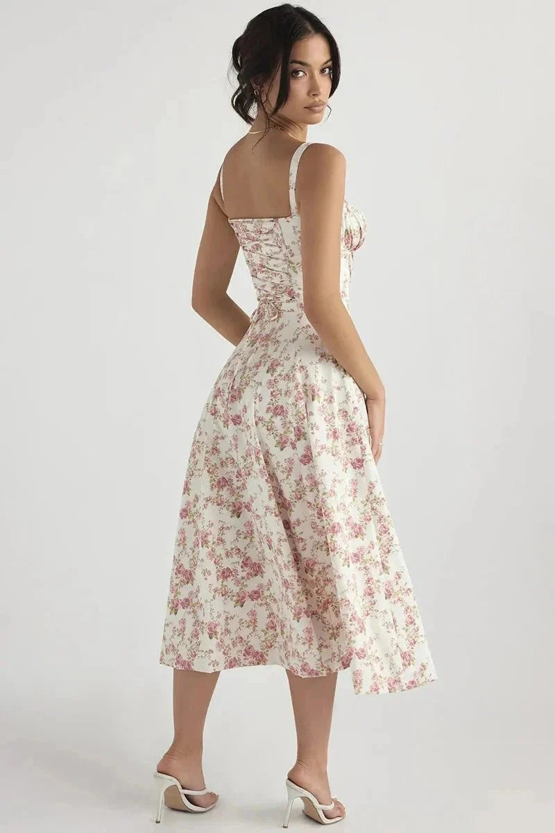 Damen-Midikleid mit Blumenmuster, Korsettoberteil, Seitenschlitz und ausgestelltem Rock
