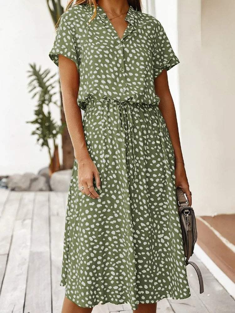 Women Leopard Print Midi Dress with Lightweight Fabric and Adjustable Waist Fit