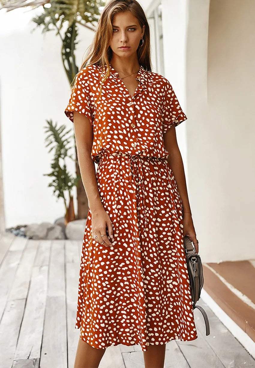 Women Leopard Print Midi Dress with Lightweight Fabric and Adjustable Waist Fit