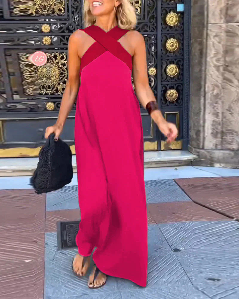 Women's Colorblock Halter Maxi Dress with Cross-Neck Detail