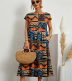 Damen Midi-Kleid aus Baumwolle mit Blumenmuster und kurzen Ärmeln für den Alltag