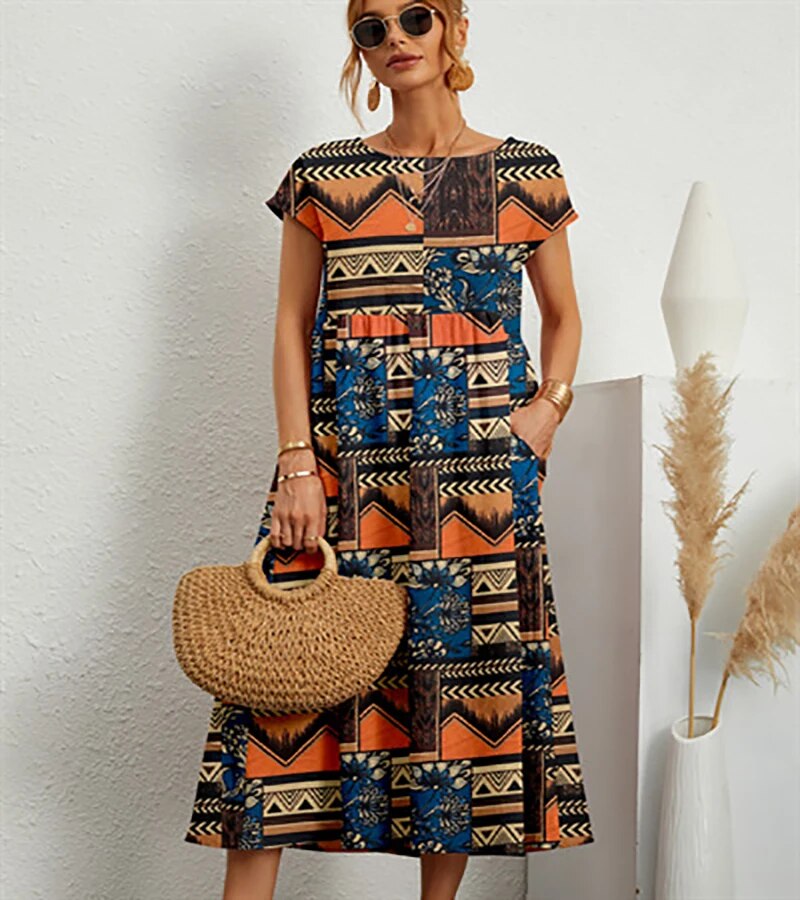 Damen Midi-Kleid aus Baumwolle mit Blumenmuster und kurzen Ärmeln für den Alltag