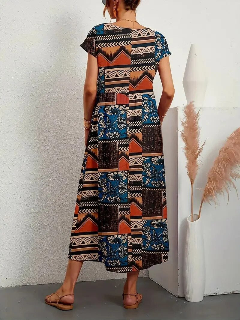 Damen Midi-Kleid aus Baumwolle mit Blumenmuster und kurzen Ärmeln für den Alltag