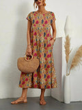 Damen Midi-Kleid aus Baumwolle mit Blumenmuster und kurzen Ärmeln für den Alltag