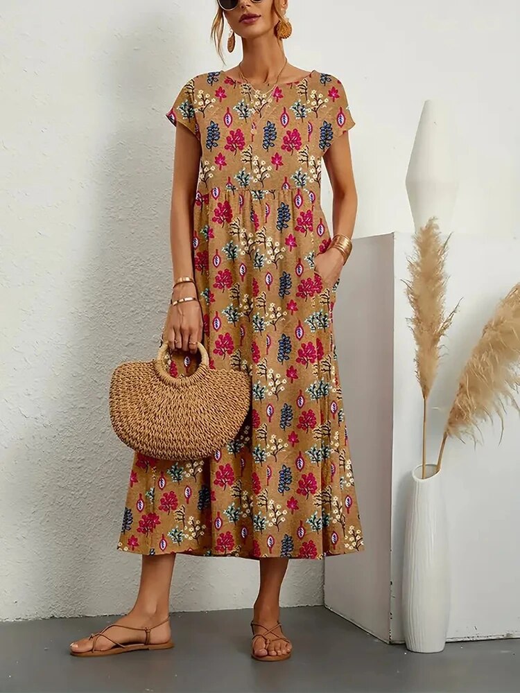Damen Midi-Kleid aus Baumwolle mit Blumenmuster und kurzen Ärmeln für den Alltag