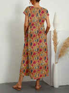 Women's Floral Print Midi Dress with Round Neck and Side Pockets