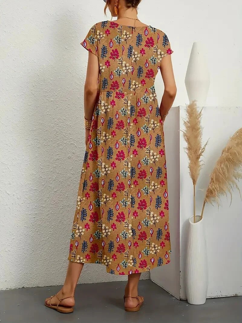 Damen Midi-Kleid aus Baumwolle mit Blumenmuster und kurzen Ärmeln für den Alltag