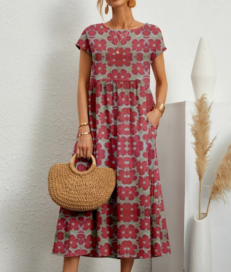 Damen Midi-Kleid aus Baumwolle mit Blumenmuster und kurzen Ärmeln für den Alltag