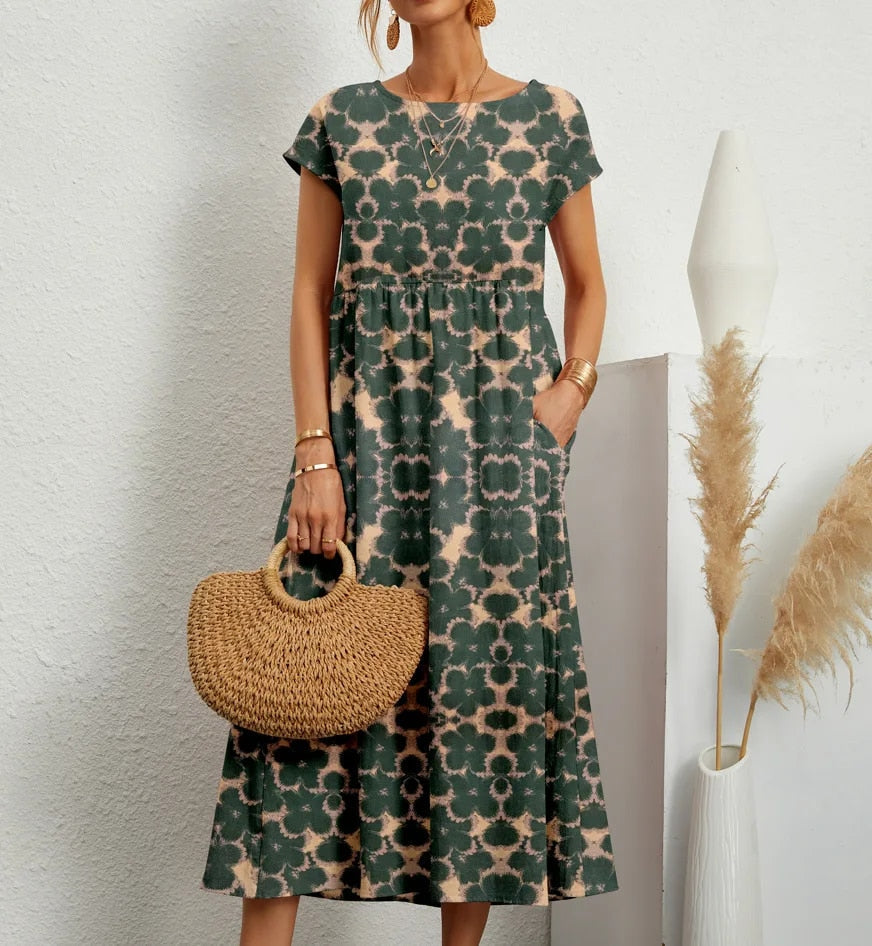 Damen Midi-Kleid aus Baumwolle mit Blumenmuster und kurzen Ärmeln für den Alltag