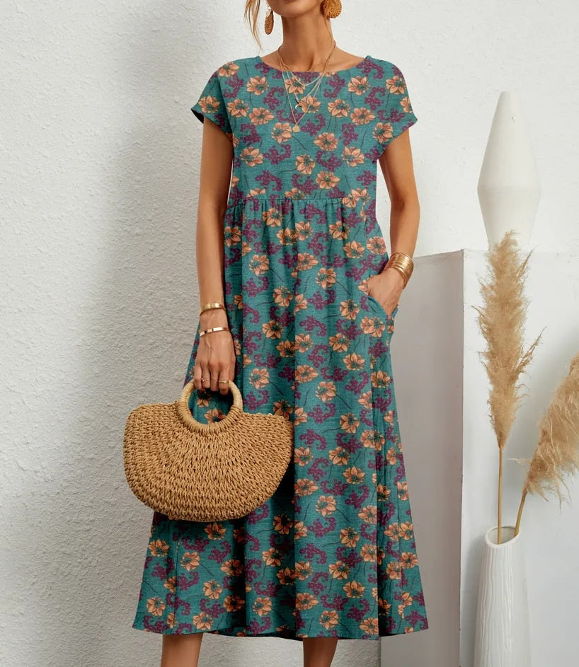 Damen Midi-Kleid aus Baumwolle mit Blumenmuster und kurzen Ärmeln für den Alltag