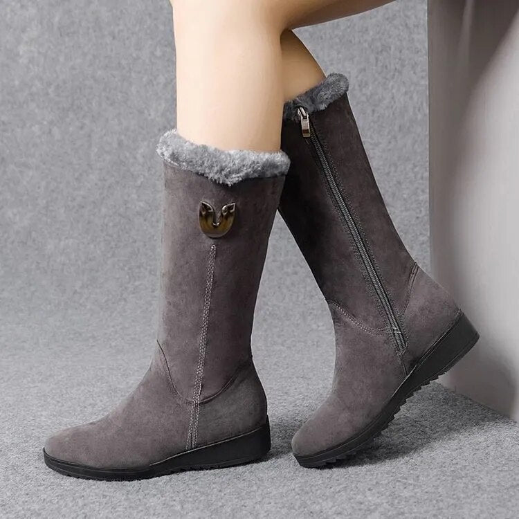 Knæhøje kileboots til kvinder med for af imiteret pels