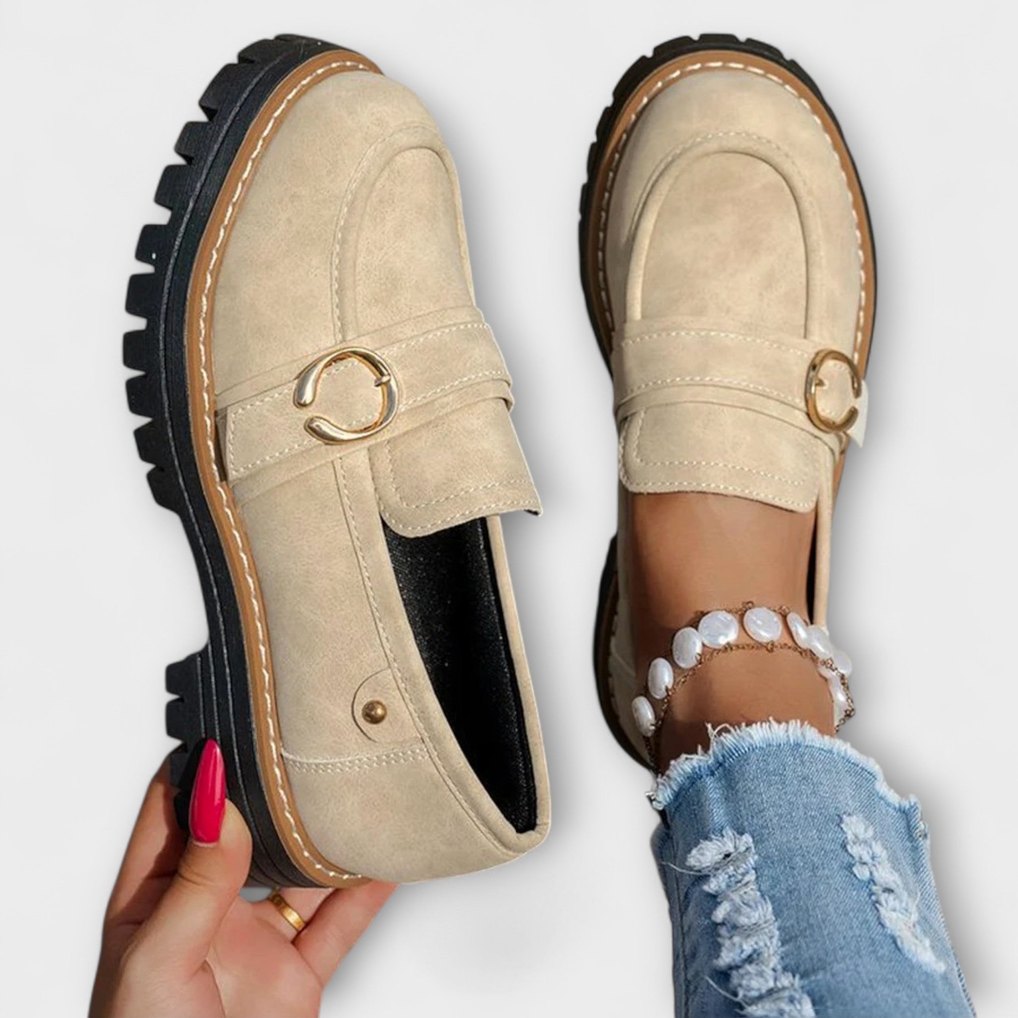 Dames loafers med kraftig sål og spænde