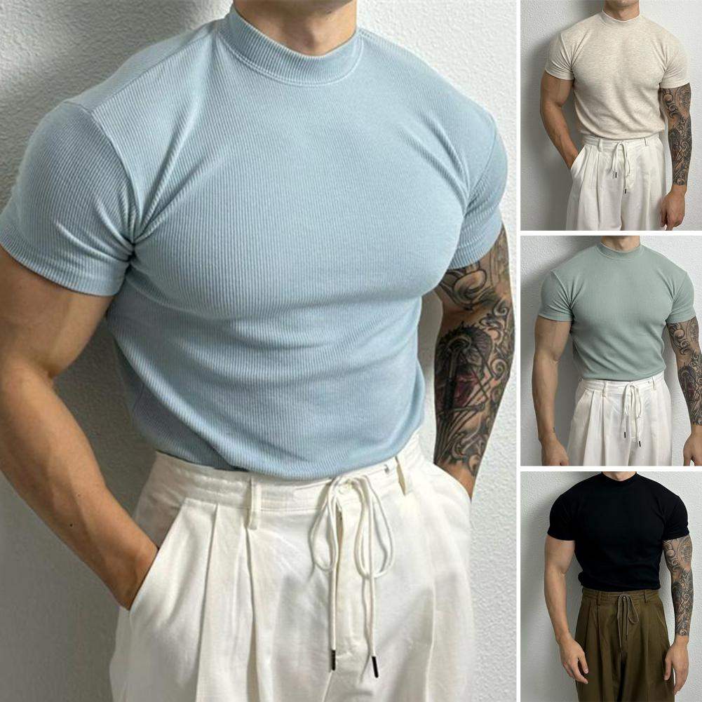Herren Slim Fit T-Shirt mit gerippter Struktur Atmungsaktiv Stretch Aktiver Stil