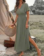 Maxikleid für Damen mit V-Ausschnitt und kurzen Ärmeln für eleganten Alltagslook