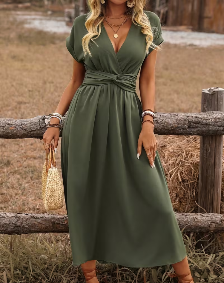 Maxikleid für Damen mit V-Ausschnitt und kurzen Ärmeln für eleganten Alltagslook