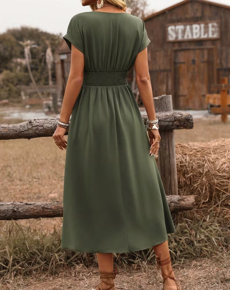 Maxikleid für Damen mit V-Ausschnitt und kurzen Ärmeln für eleganten Alltagslook