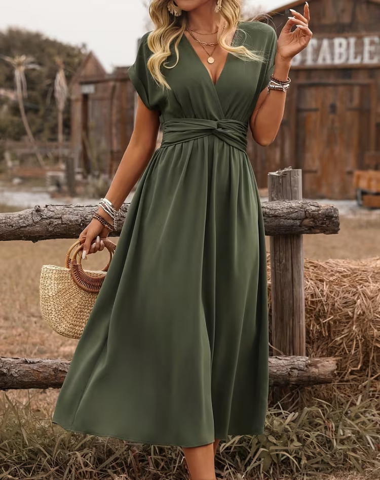 Maxikleid für Damen mit V-Ausschnitt und kurzen Ärmeln für eleganten Alltagslook