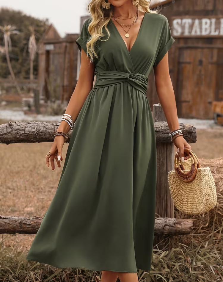 Maxikleid für Damen mit V-Ausschnitt und kurzen Ärmeln für eleganten Alltagslook