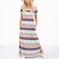Women's Casual Striped Maxi Dress with Side Pockets and Round Neck