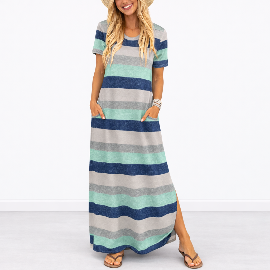 Robe maxi rayée décontractée pour femme avec poches latérales et col rond