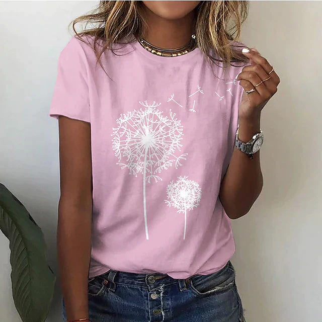 Women's Graphic T-Shirt with Dandelion Print and Short Sleeves