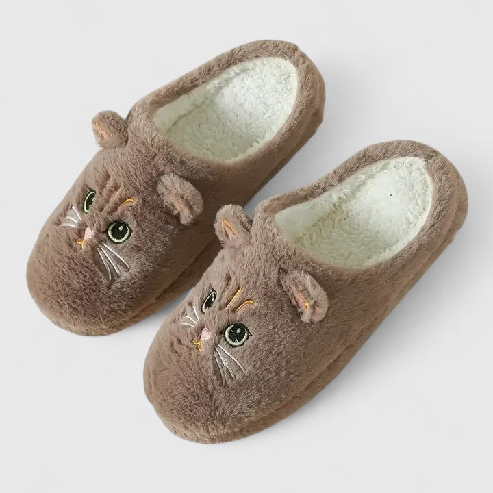 Pantoufles en peluche pour femmes, motif chat