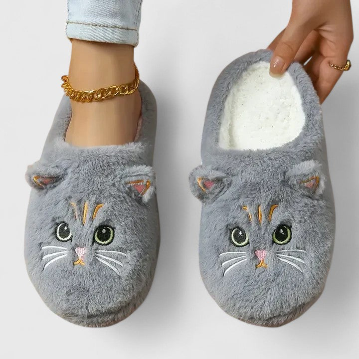 Pantoufles en peluche pour femmes, motif chat