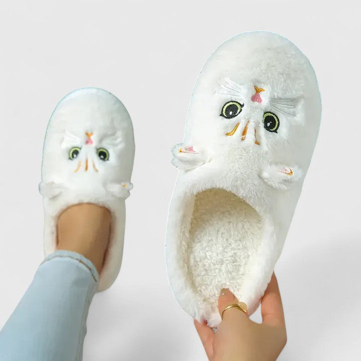 Pantoufles en peluche pour femmes, motif chat