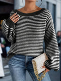 Women's Striped Boat Neck Sweater with Relaxed Fit