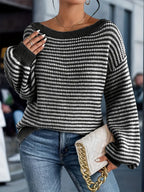 Women's Striped Boat Neck Sweater with Relaxed Fit