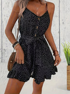 Women's Polka Dot Romper with Button Front and Adjustable Waist Tie