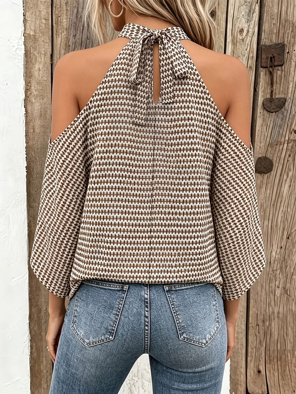 Women's Houndstooth High-Neck Top with Batwing Sleeves and Bow