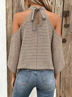 Women's Houndstooth High-Neck Top with Batwing Sleeves and Bow