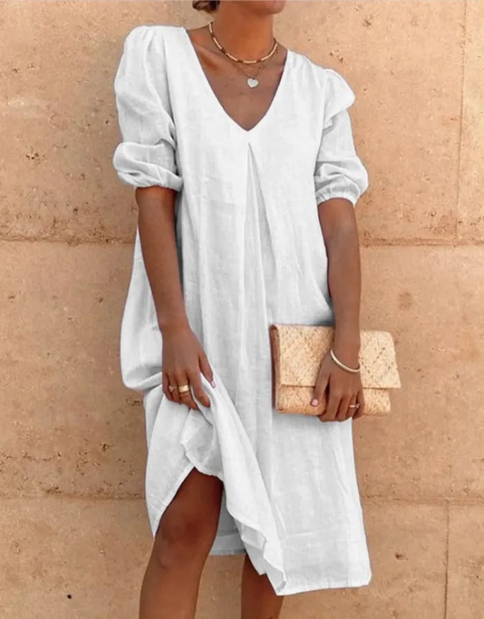 Women's Linen Blend Midi Dress with V-Neck and Relaxed Fit