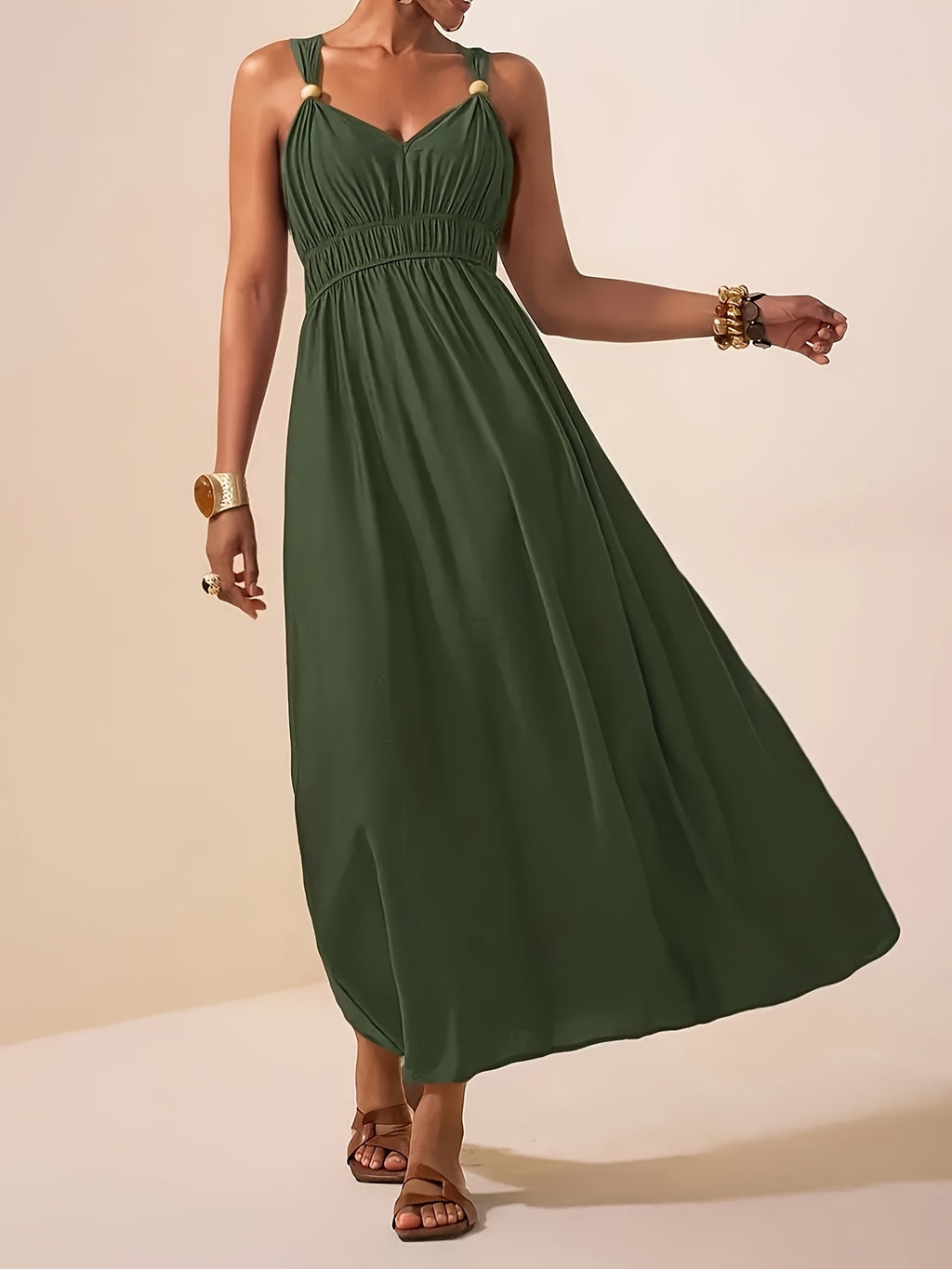 Women’s Flowing Maxi Dress with Beaded Straps and Elegant V-Neck