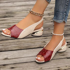 Damen-Slingback-Sandalen mit Farbblock, Krokoprägung am Riemen, offenem Zehenbereich und niedrigem Blockabsatz