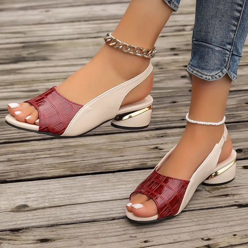 Damen-Slingback-Sandalen mit Farbblock, Krokoprägung am Riemen, offenem Zehenbereich und niedrigem Blockabsatz