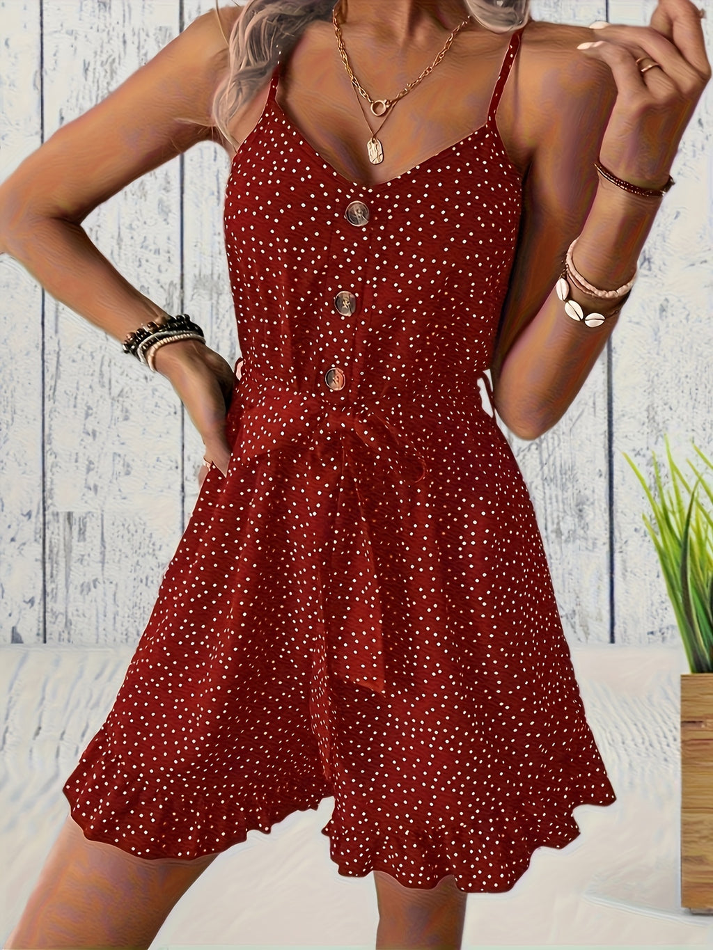 Women's Polka Dot Romper with Button Front and Adjustable Waist Tie