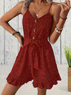 Women's Polka Dot Romper with Button Front and Adjustable Waist Tie