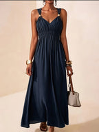 Women's Sleeveless Maxi Dress with V-Neck and Beaded Strap Details