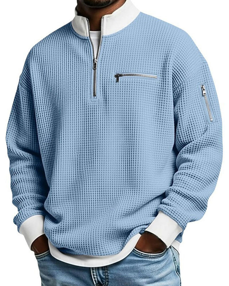 Pullover da uomo con texture waffle e cerniera a un quarto
