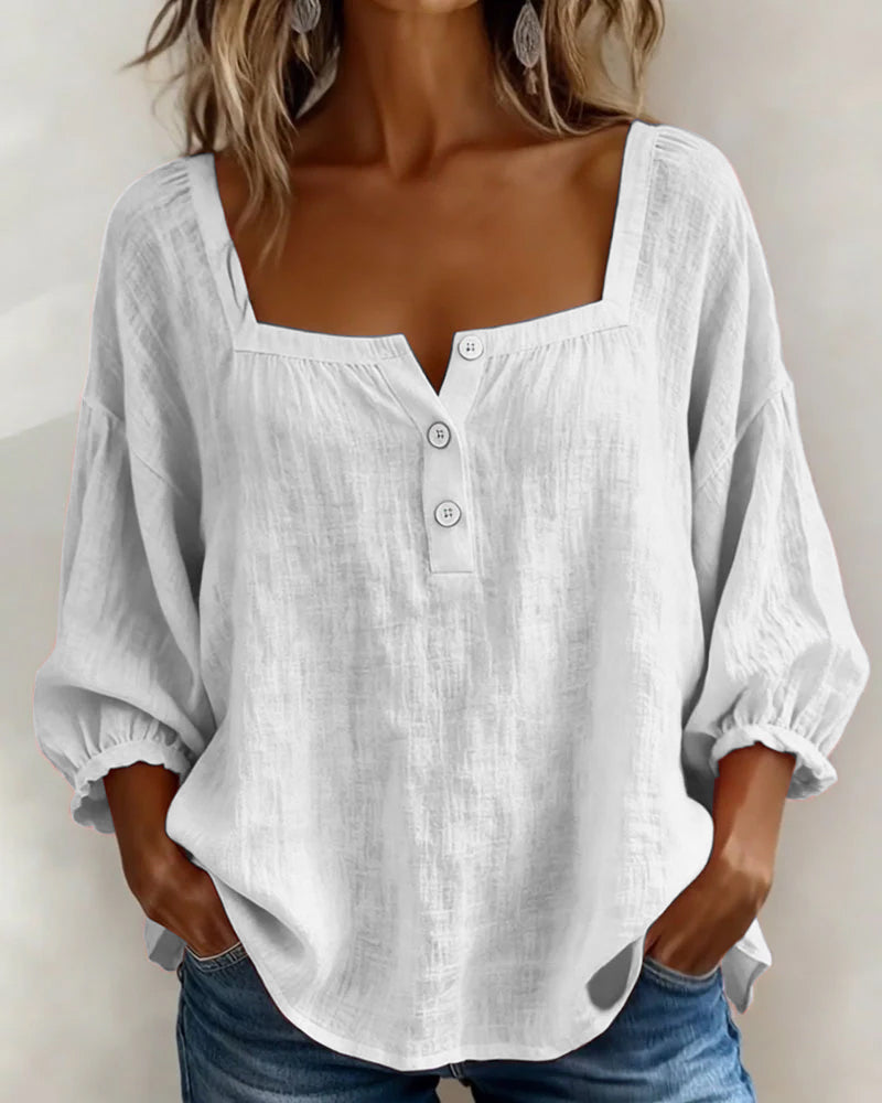 Women's Cotton Linen Blouse with Square Neck and Three-Quarter Sleeves