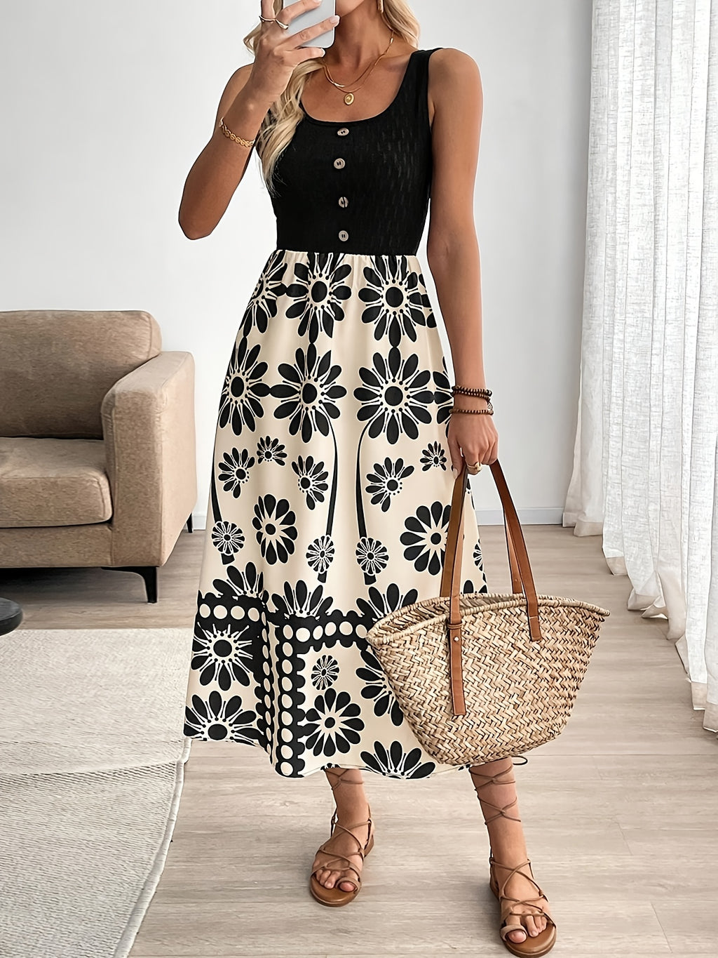 Women’s Retro Floral Midi Dress with Sleeveless Flowing Design