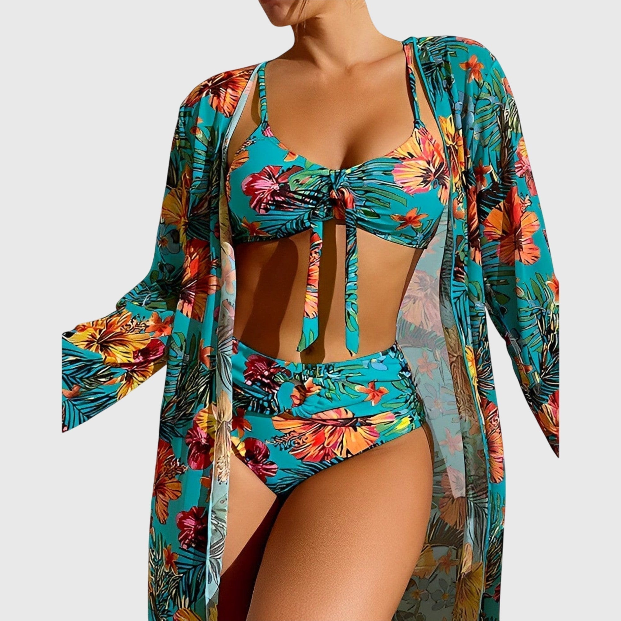 Ensemble bikini trois pièces tropical à fleurs pour femme avec paréo transparent  