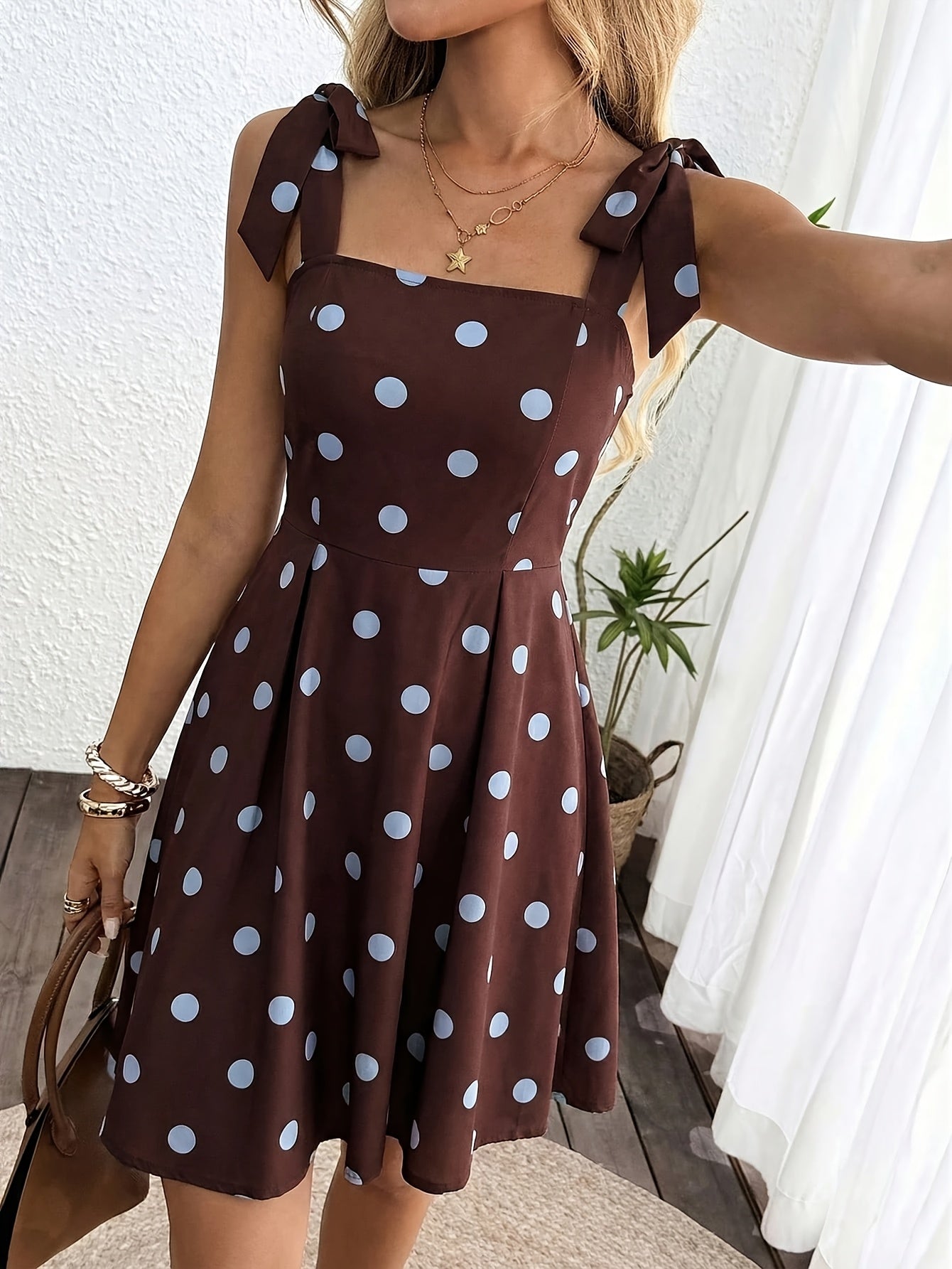 Women's Polka Dot Tie-Shoulder Fit & Flare Mini Dress