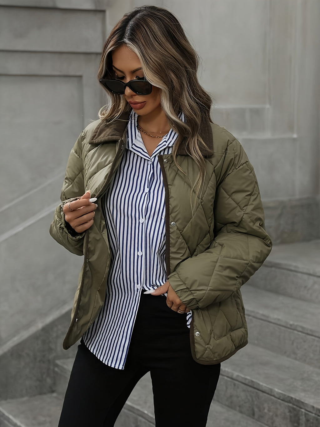 Chaqueta acolchada de rombos para mujer con cuello en contraste