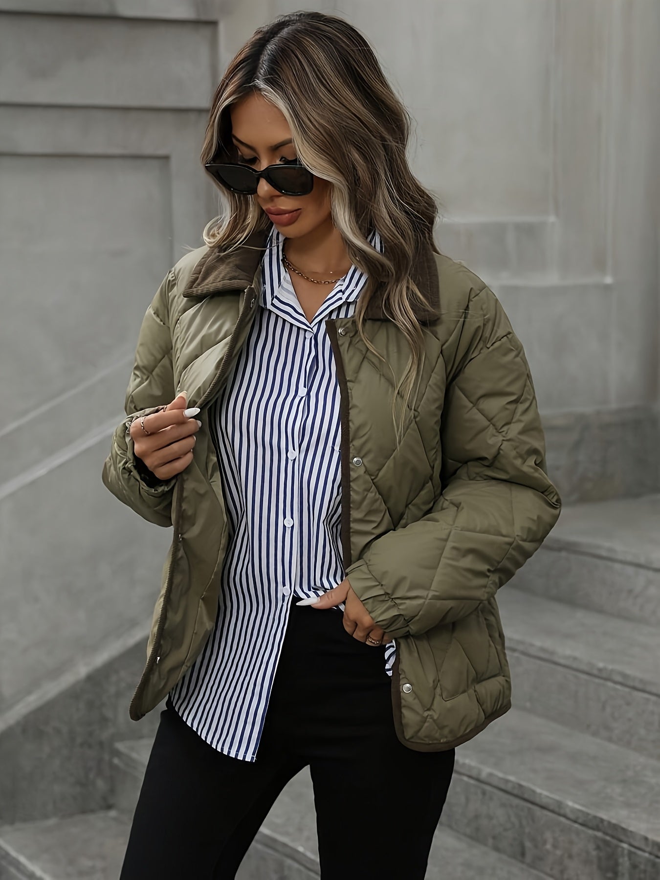Chaqueta acolchada de rombos para mujer con cuello en contraste