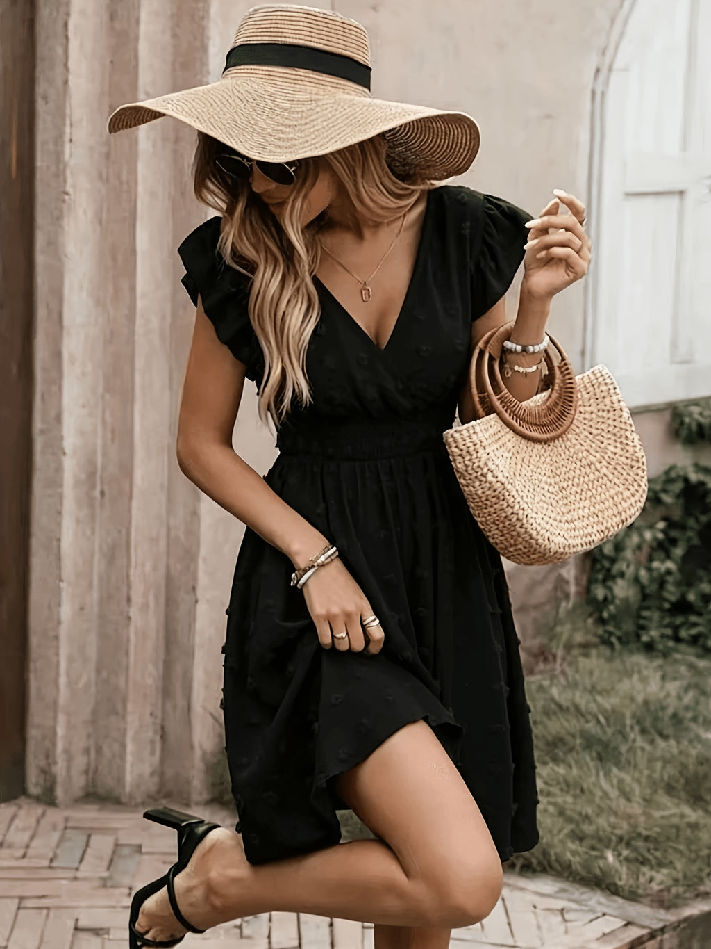 Women's Textured Midi Dress with Shirred Waist and Flutter Sleeves